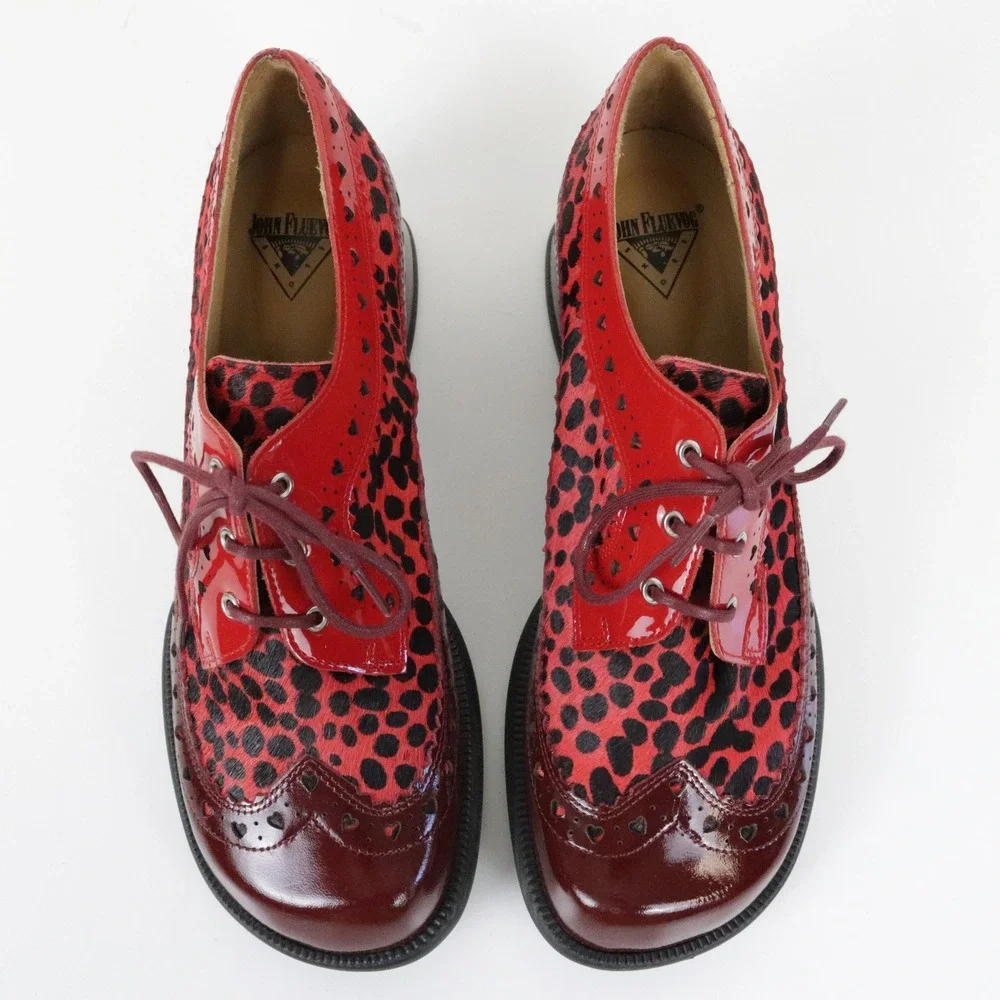John Fluevog Rosamund Lace-Up Heels with Brogue Hearts 7 Burgundy Pony Hair